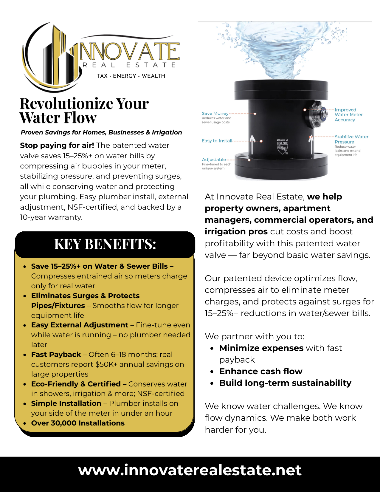 Water Optimization Valve product brochure page showing installation and specifications